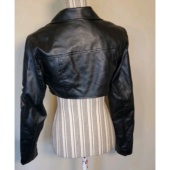 Hot & Delicious Faux Leather Jacket SMALL Cropped Punk Biker Patches Moto - Picture 4 of 16